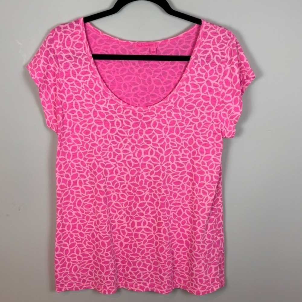 fresh produce womens pink floral textured cap sleeve Tee sz LG Colorful Cotton